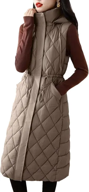 Womens Vest Loose Winter Long Down Cotton Jacket Knee Thick Sleeveless Waistcoat Hooded Oversize Jacket