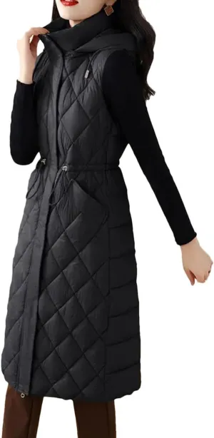 Womens Vest Loose Winter Long Down Cotton Jacket Knee Thick Sleeveless Waistcoat Hooded Oversize Jacket