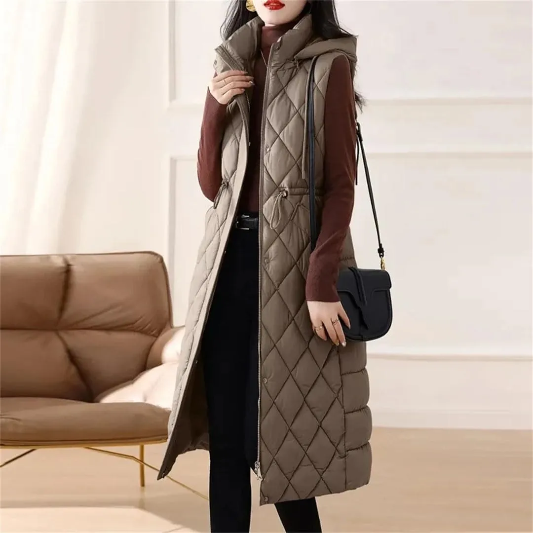 Womens Vest Loose Winter Long Down Cotton Jacket Knee Thick Sleeveless Waistcoat Hooded Oversize Jacket