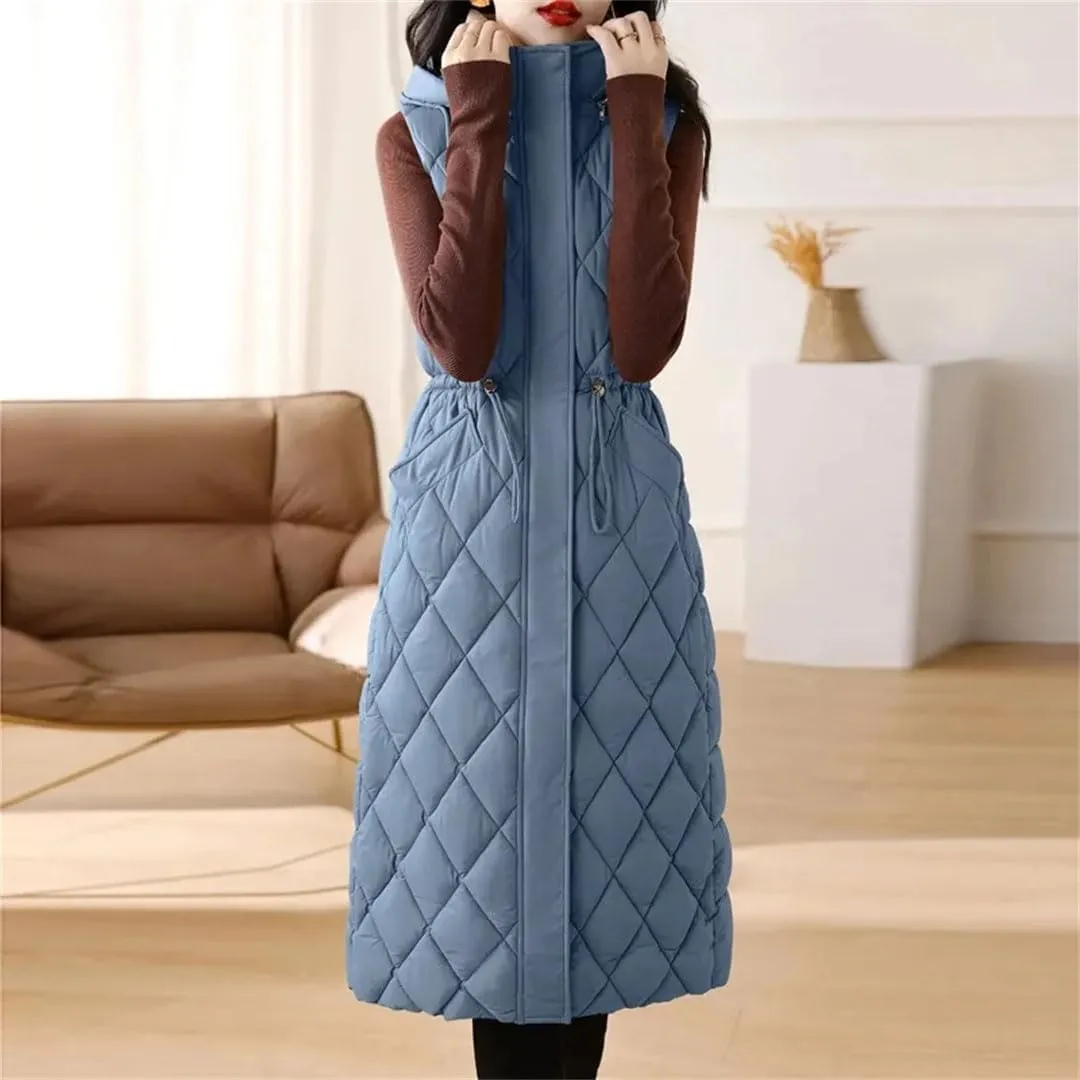 Womens Vest Loose Winter Long Down Cotton Jacket Knee Thick Sleeveless Waistcoat Hooded Oversize Jacket