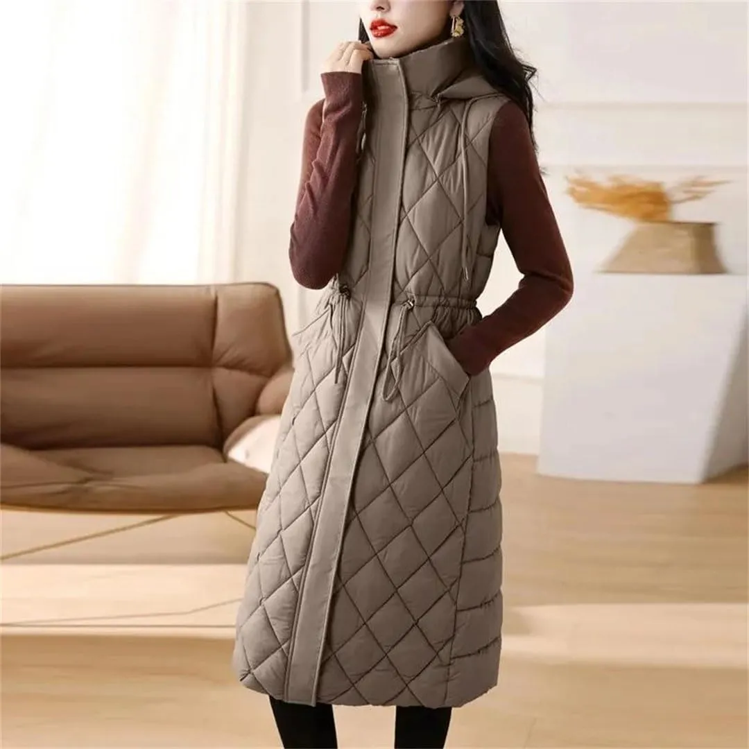 Womens Vest Loose Winter Long Down Cotton Jacket Knee Thick Sleeveless Waistcoat Hooded Oversize Jacket