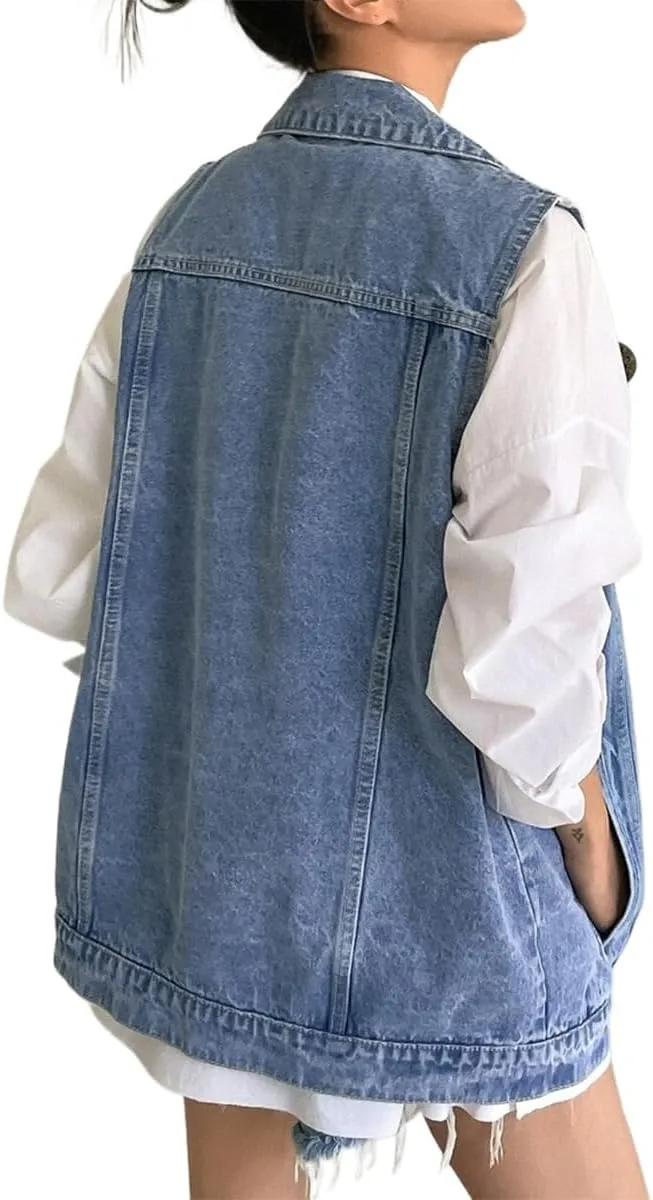 Women's Vintage Denim Vest Oversized Button Down Jean Waistcoat Gilet Sleeveless Jean Jacket
