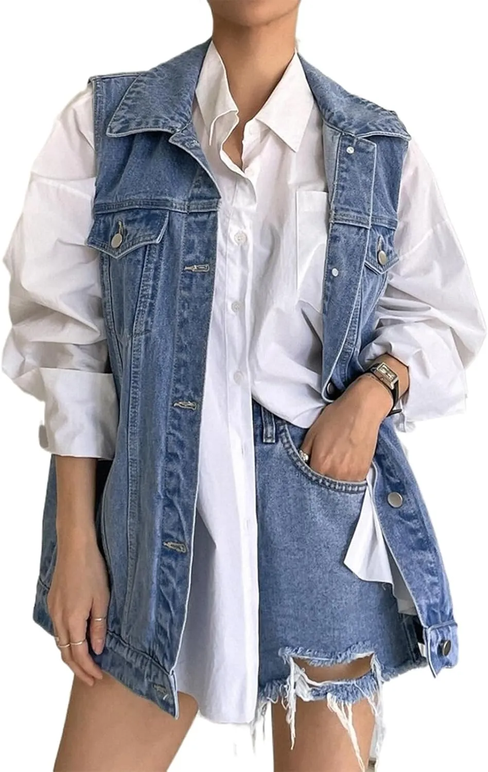 Women's Vintage Denim Vest Oversized Button Down Jean Waistcoat Gilet Sleeveless Jean Jacket