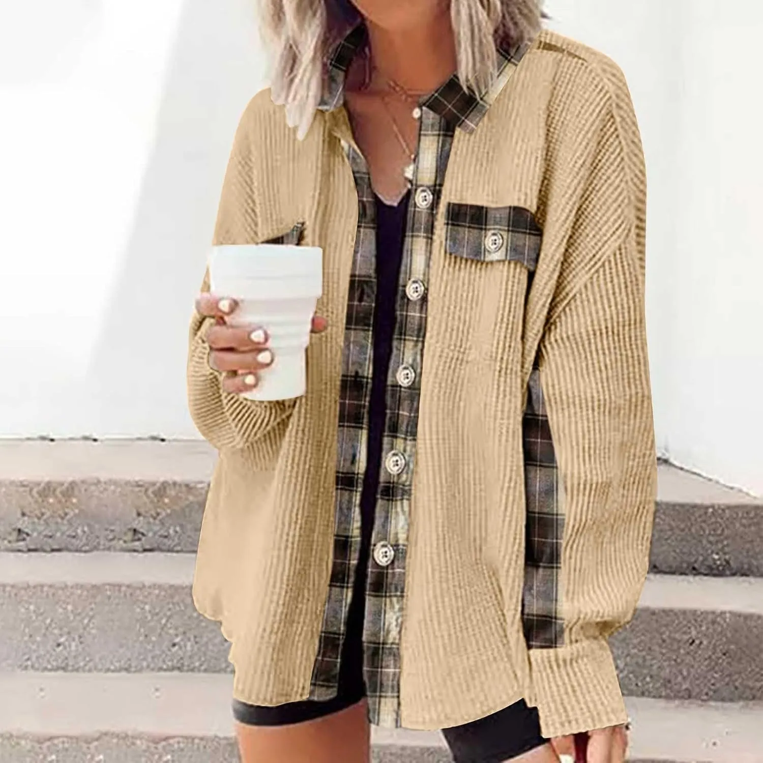 Womens Waffle Knit Shacket Boyfriend Button Down Shirt Jacket Loose Long Sleeve Tops Fall Fashion y2k Clothes