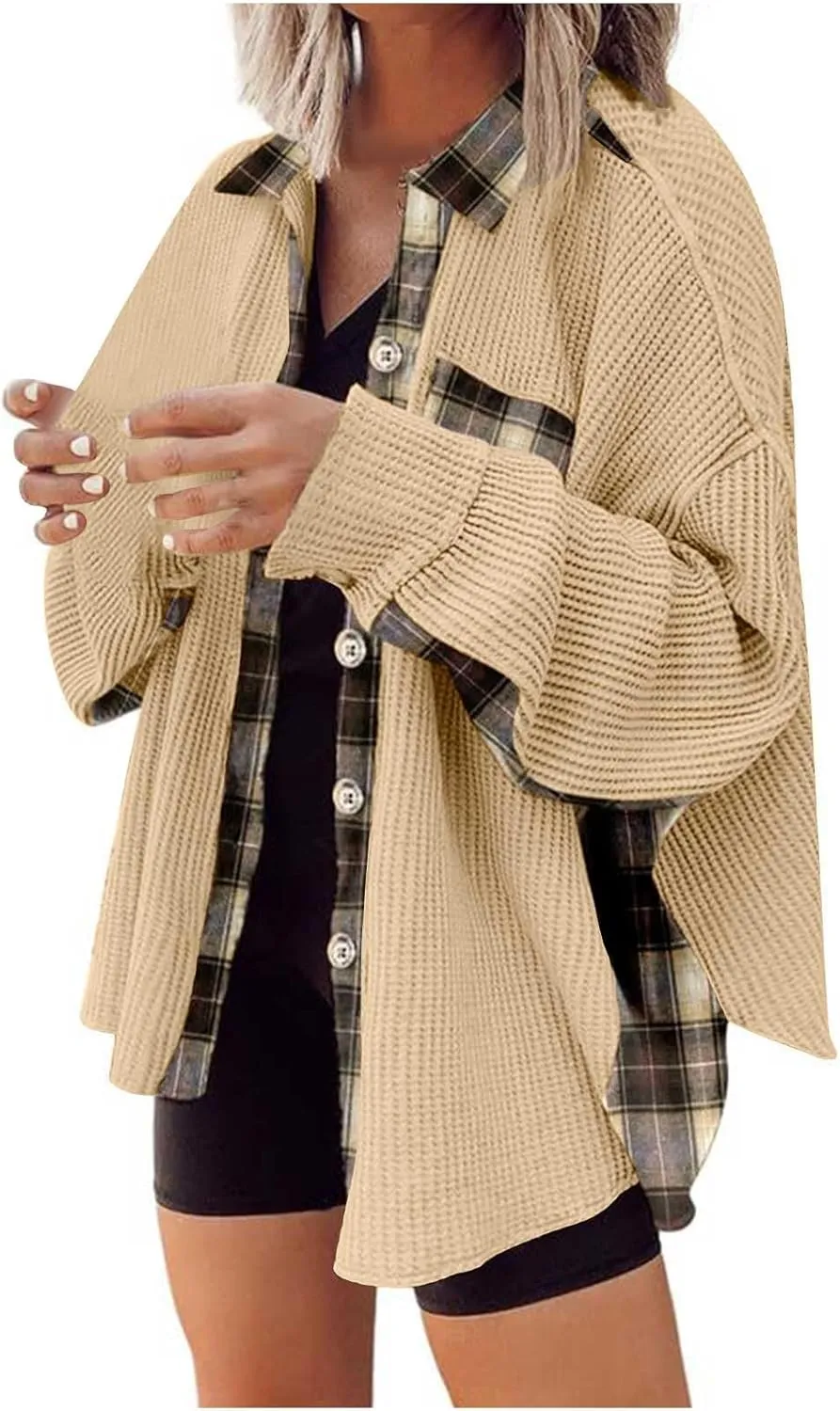Womens Waffle Knit Shacket Boyfriend Button Down Shirt Jacket Loose Long Sleeve Tops Fall Fashion y2k Clothes