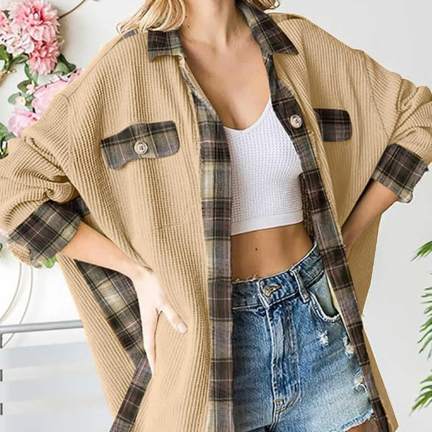 Womens Waffle Knit Shacket Boyfriend Button Down Shirt Jacket Loose Long Sleeve Tops Fall Fashion y2k Clothes