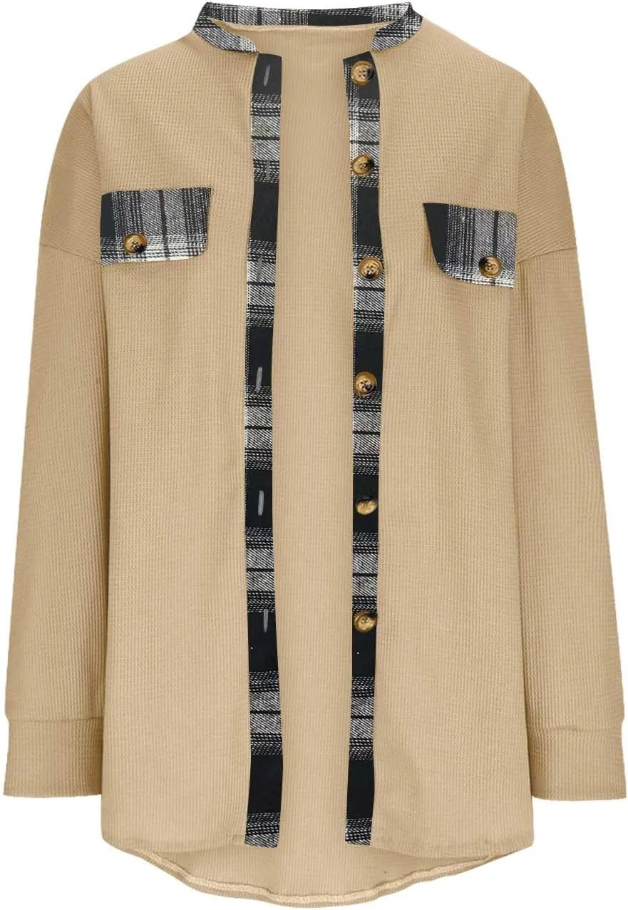 Womens Waffle Knit Shacket Boyfriend Button Down Shirt Jacket Loose Long Sleeve Tops Fall Fashion y2k Clothes