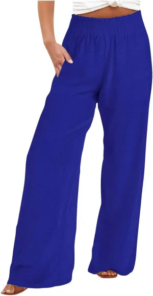Womens Wide Leg Pants Elastic High Waist Sweatpants Casual Solid Trousers Summer Lounge Straight Pants with Pockets