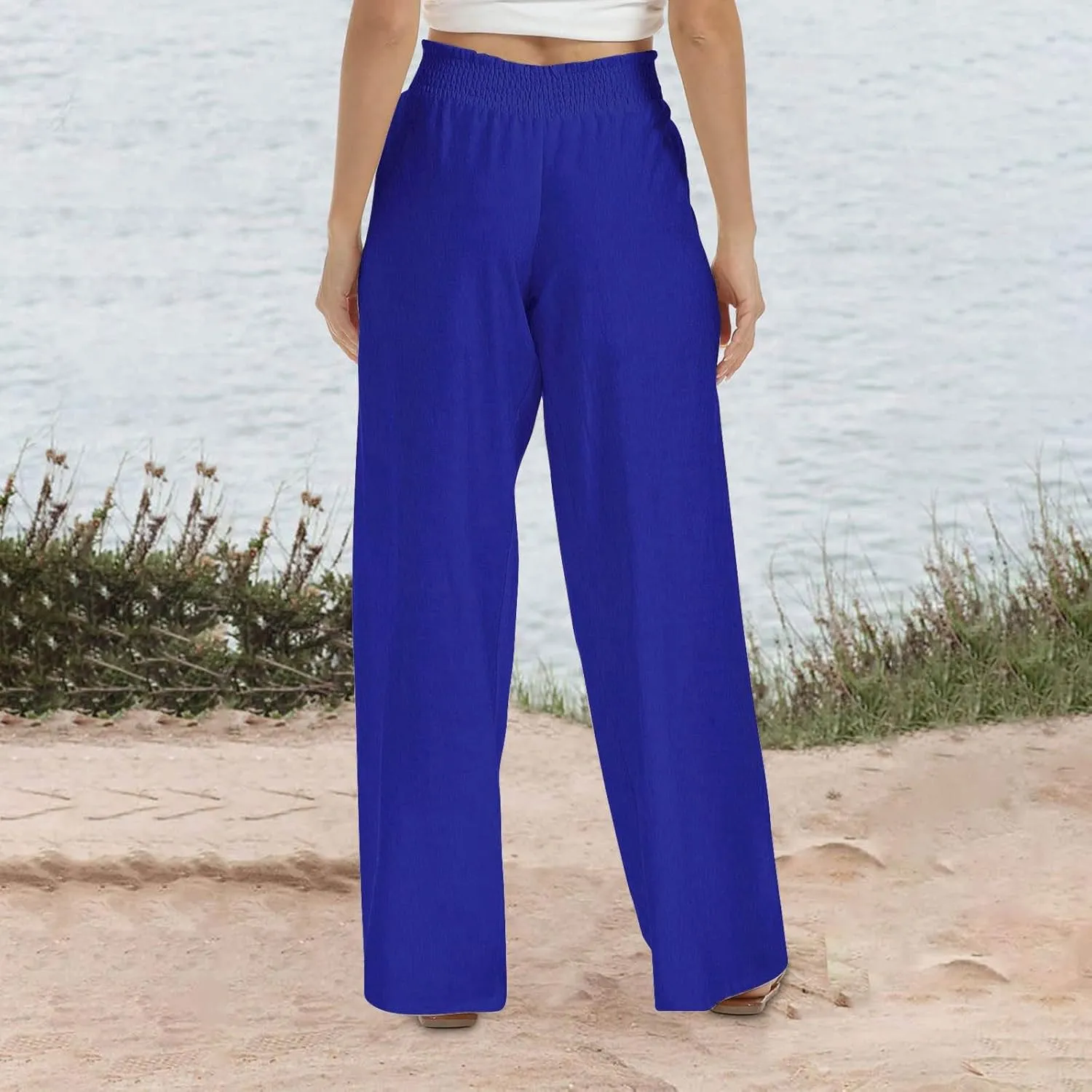 Womens Wide Leg Pants Elastic High Waist Sweatpants Casual Solid Trousers Summer Lounge Straight Pants with Pockets