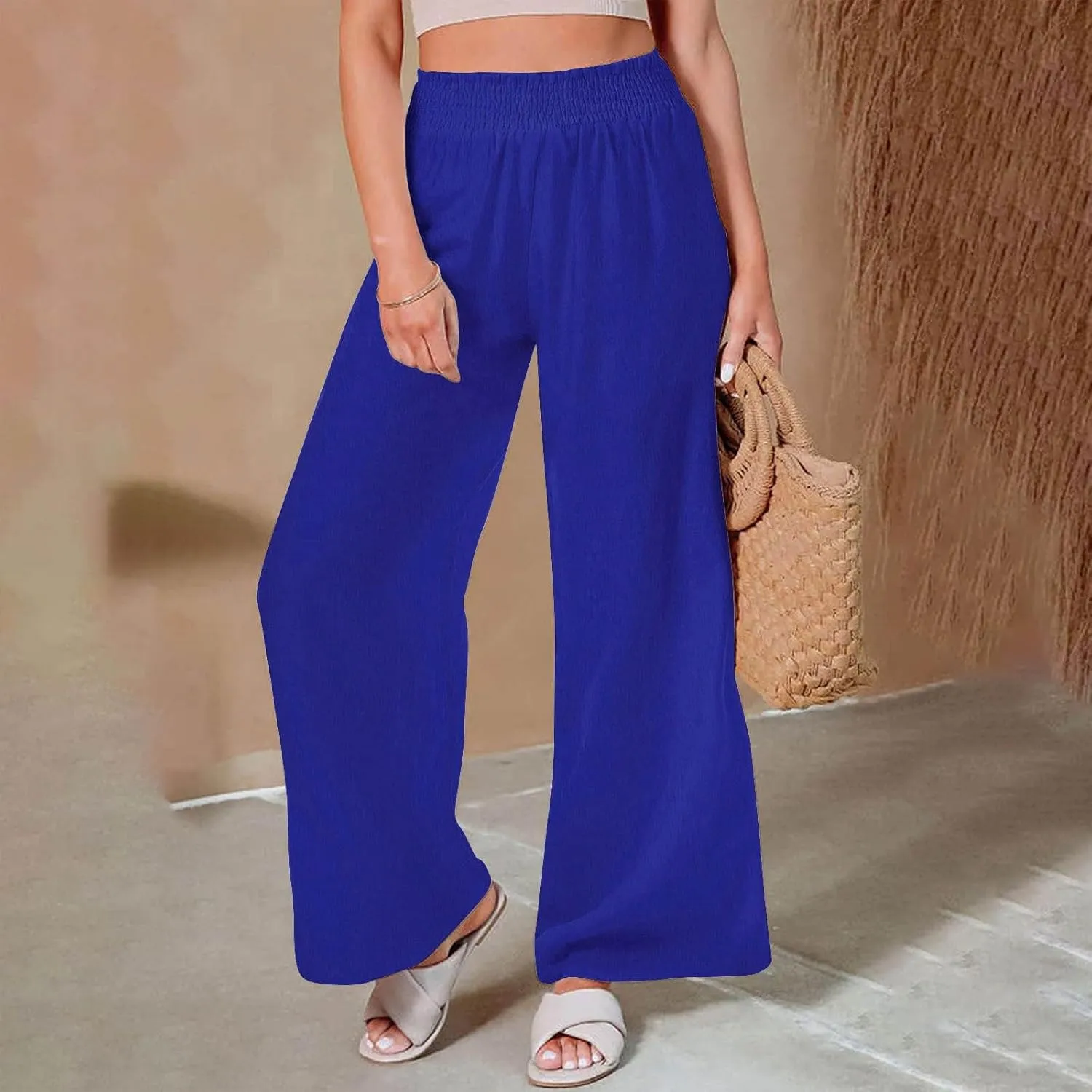 Womens Wide Leg Pants Elastic High Waist Sweatpants Casual Solid Trousers Summer Lounge Straight Pants with Pockets