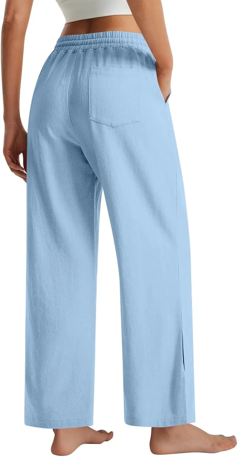Womens Wide Leg Pants Linen 2025 Beach Summer Drawstring Elastic Waist Pants High Rise with Pocket Comfy Solid Trouser