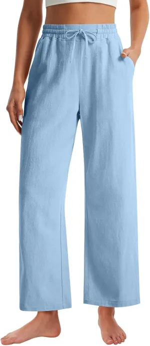 Womens Wide Leg Pants Linen 2025 Beach Summer Drawstring Elastic Waist Pants High Rise with Pocket Comfy Solid Trouser