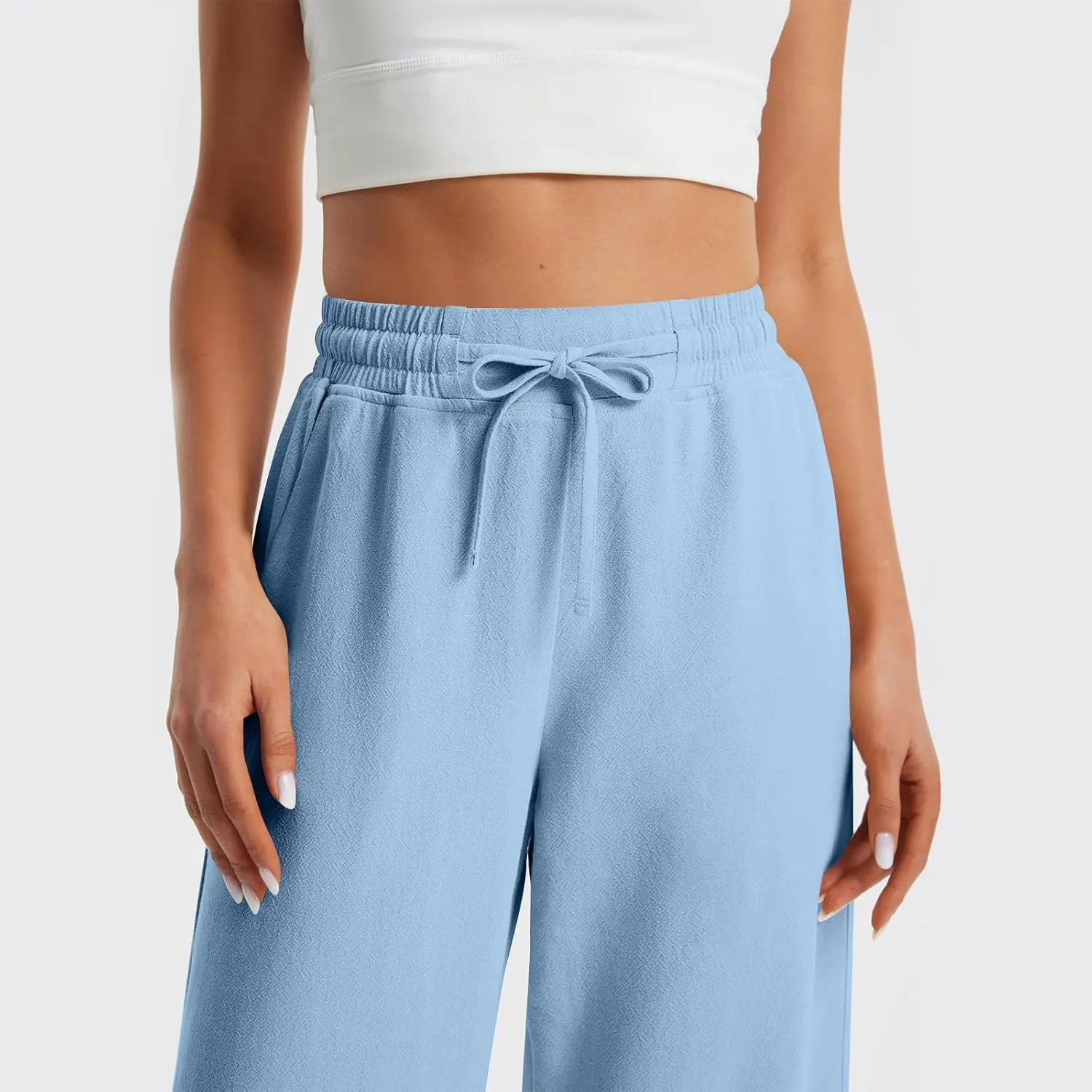 Womens Wide Leg Pants Linen 2025 Beach Summer Drawstring Elastic Waist Pants High Rise with Pocket Comfy Solid Trouser