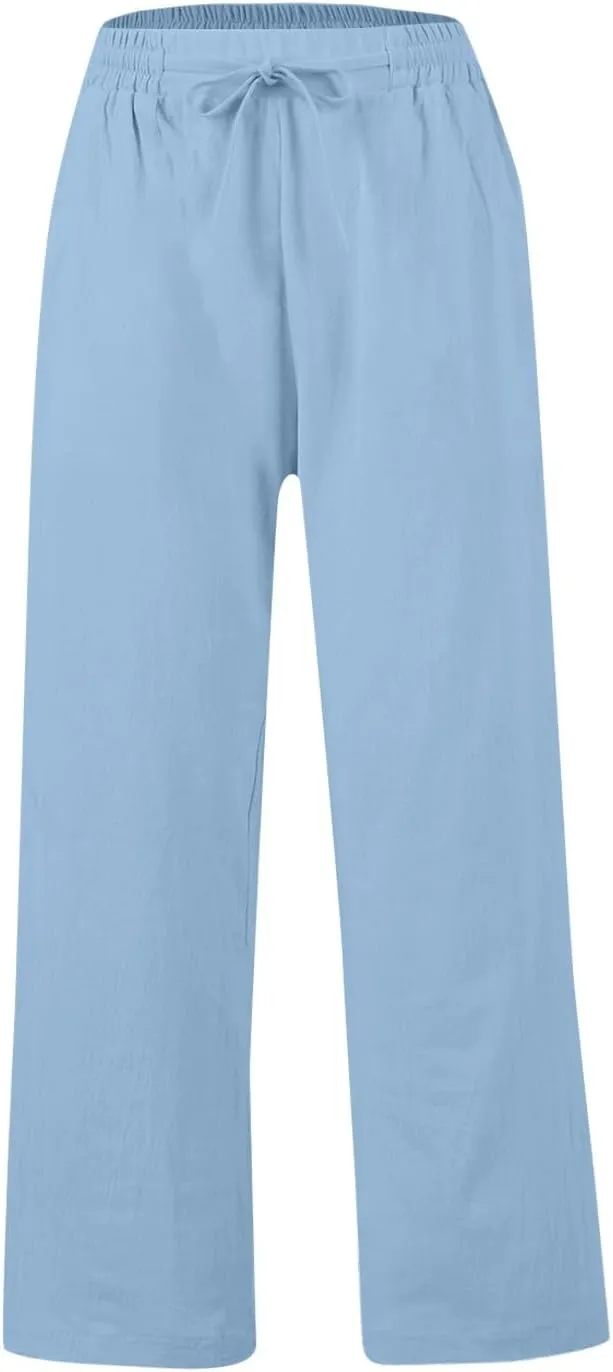 Womens Wide Leg Pants Linen 2025 Beach Summer Drawstring Elastic Waist Pants High Rise with Pocket Comfy Solid Trouser