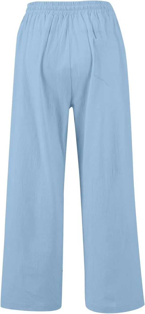 Womens Wide Leg Pants Linen 2025 Beach Summer Drawstring Elastic Waist Pants High Rise with Pocket Comfy Solid Trouser
