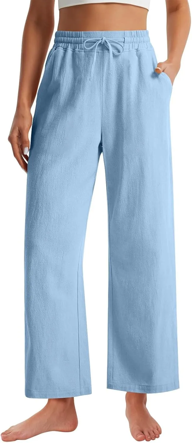 Womens Wide Leg Pants Linen 2025 Beach Summer Drawstring Elastic Waist Pants High Rise with Pocket Comfy Solid Trouser