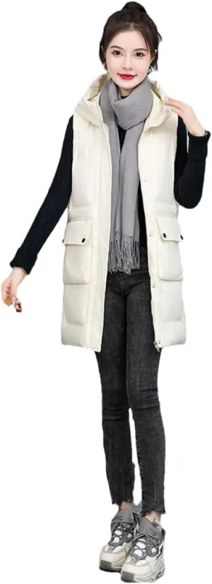 Womens Winter Down Cotton Waistcoat Casual Hooded Cotton-Padded Vest Coat Sleeveless Jacket Long Warm Parkas
