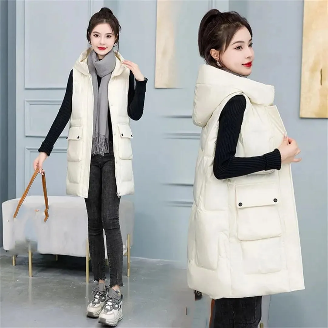 Womens Winter Down Cotton Waistcoat Casual Hooded Cotton-Padded Vest Coat Sleeveless Jacket Long Warm Parkas