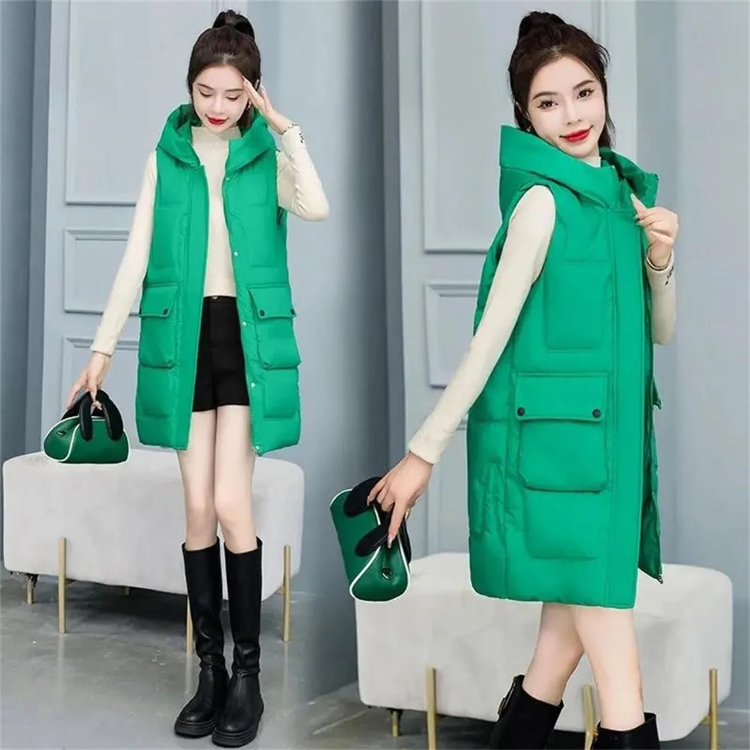 Womens Winter Down Cotton Waistcoat Casual Hooded Cotton-Padded Vest Coat Sleeveless Jacket Long Warm Parkas