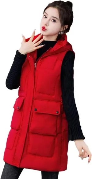Womens Winter Down Cotton Waistcoat Casual Hooded Cotton-Padded Vest Coat Sleeveless Jacket Long Warm Parkas
