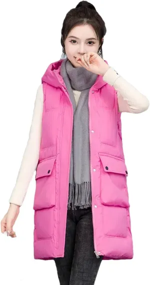 Womens Winter Down Cotton Waistcoat Casual Hooded Cotton-Padded Vest Coat Sleeveless Jacket Long Warm Parkas