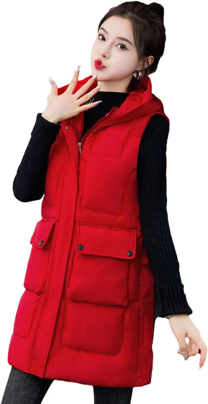 Womens Winter Down Cotton Waistcoat Casual Hooded Cotton-Padded Vest Coat Sleeveless Jacket Long Warm Parkas