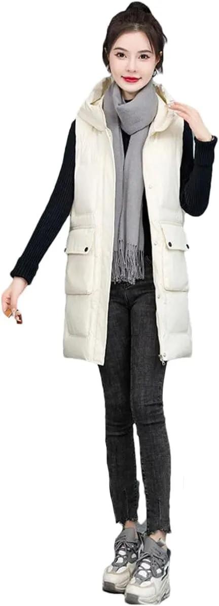 Womens Winter Down Cotton Waistcoat Casual Hooded Cotton-Padded Vest Coat Sleeveless Jacket Long Warm Parkas