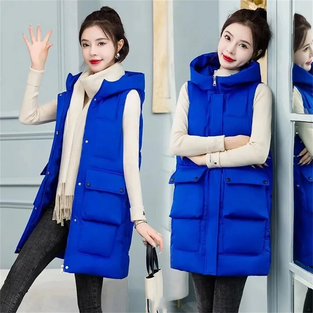 Womens Winter Down Cotton Waistcoat Casual Hooded Cotton-Padded Vest Coat Sleeveless Jacket Long Warm Parkas