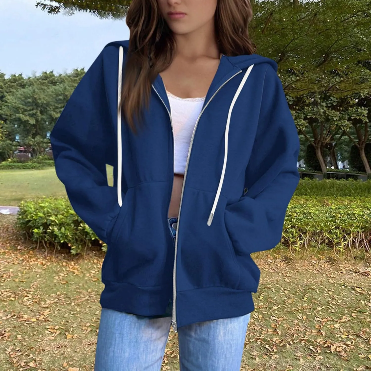 Womens Zip Up Hoodies Casual Long Sleeve Hoodie Jacket Oversized Lightweight Pullover Sweatshirts Tops with Pocket
