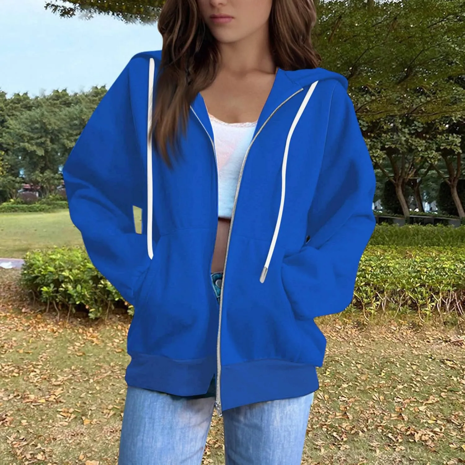 Womens Zip Up Hoodies Casual Long Sleeve Hoodie Jacket Oversized Lightweight Pullover Sweatshirts Tops with Pocket