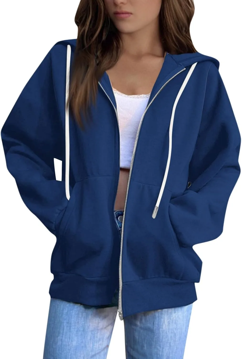 Womens Zip Up Hoodies Casual Long Sleeve Hoodie Jacket Oversized Lightweight Pullover Sweatshirts Tops with Pocket