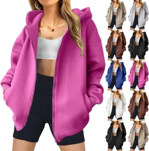 Womens Zip Up Hoodies Fleece Jackets Long Sleeve Oversized Sweatshirt Casual Fall Fashion Preppy Outfits for Women
