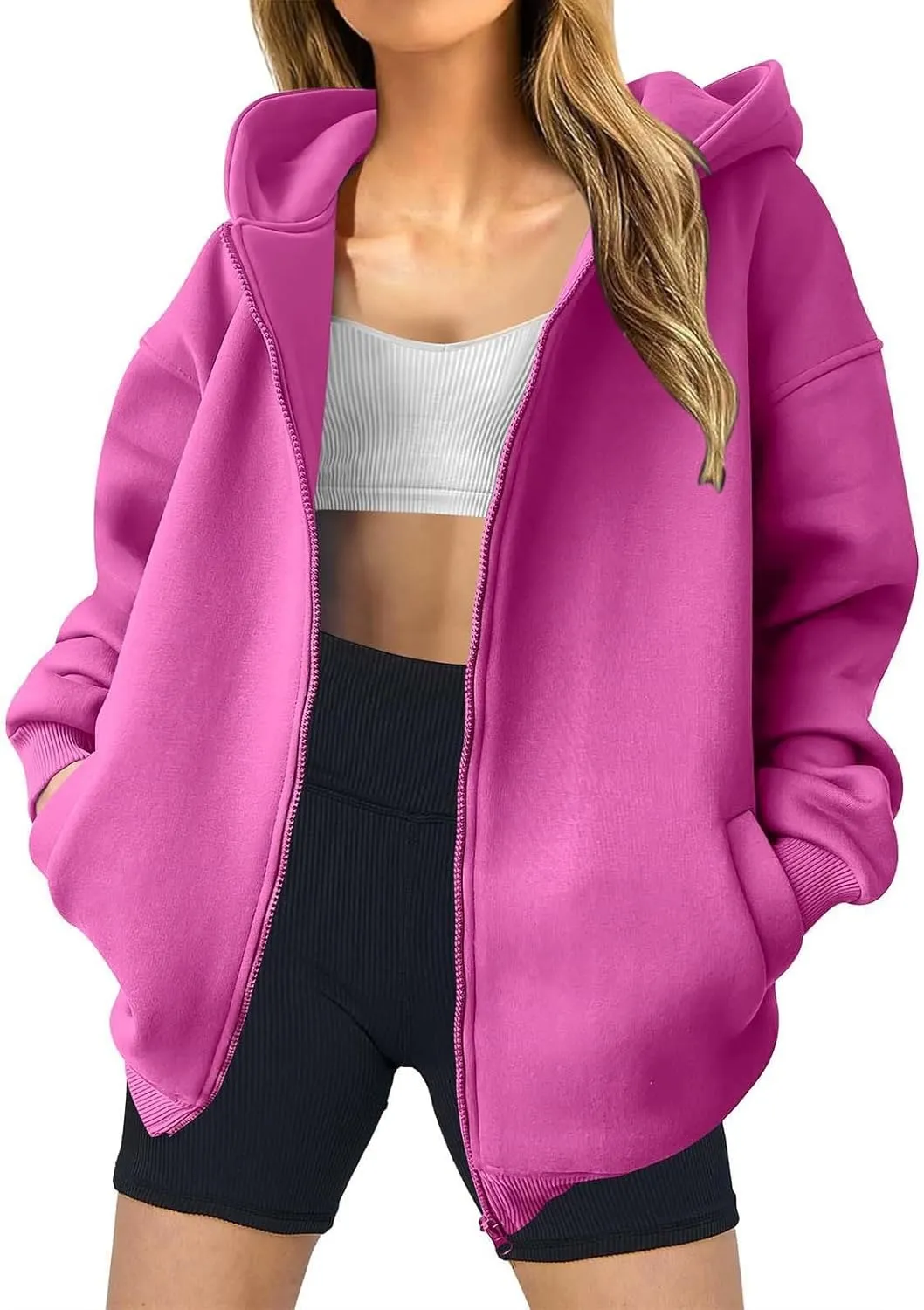 Womens Zip Up Hoodies Fleece Jackets Long Sleeve Oversized Sweatshirt Casual Fall Fashion Preppy Outfits for Women