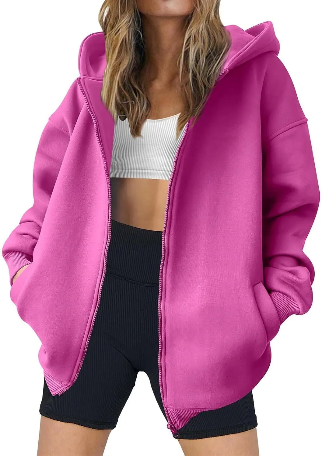 Womens Zip Up Hoodies Fleece Jackets Long Sleeve Oversized Sweatshirt Casual Fall Fashion Preppy Outfits for Women