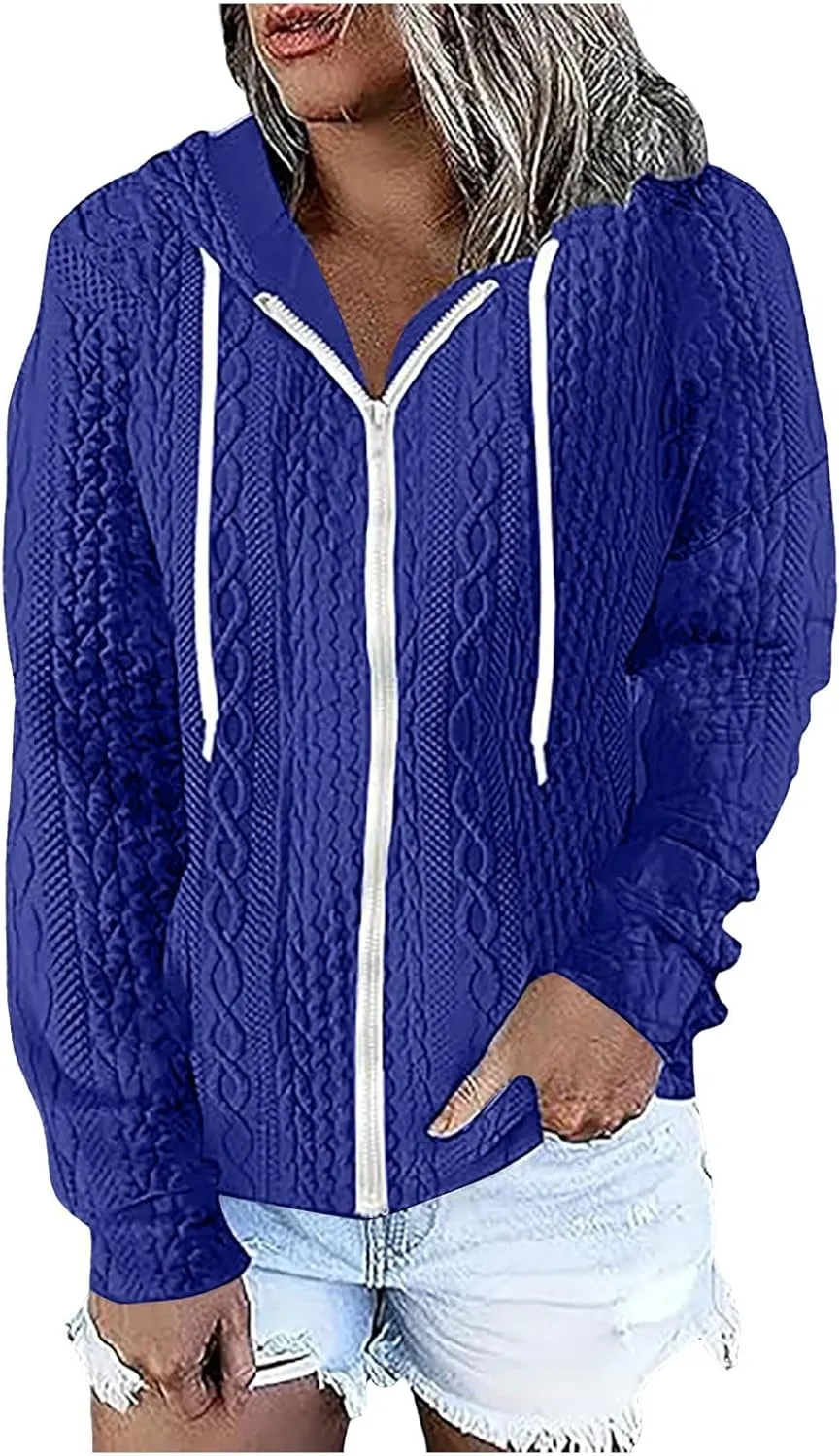 Womens Zip Up Hoodies Plus Size Sweatshirt Long Sleeve Textured Drawstring Zip Jackets Outwear with Pockets
