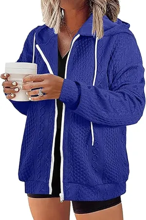 Womens Zip Up Hoodies Plus Size Sweatshirt Long Sleeve Textured Drawstring Zip Jackets Outwear with Pockets