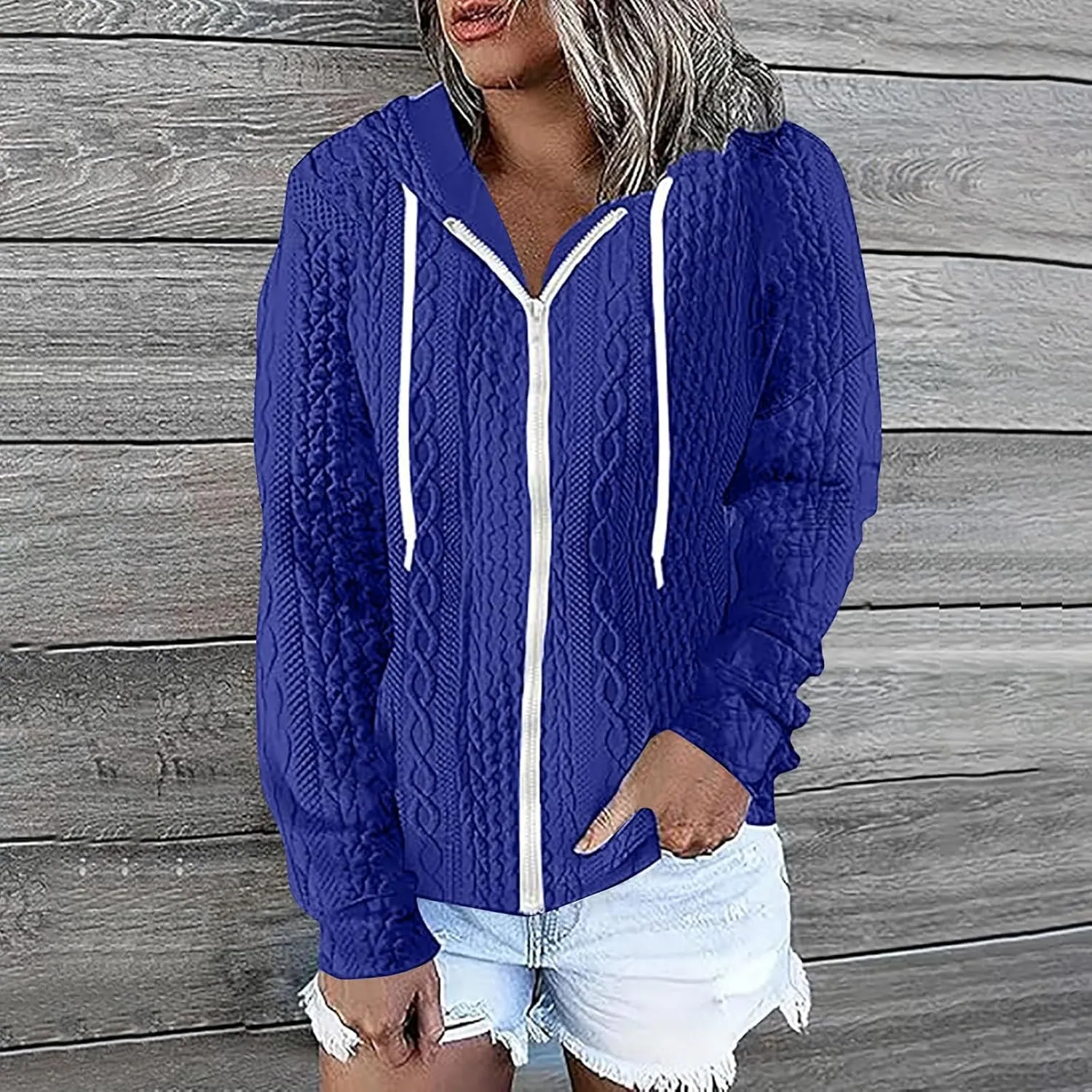 Womens Zip Up Hoodies Plus Size Sweatshirt Long Sleeve Textured Drawstring Zip Jackets Outwear with Pockets