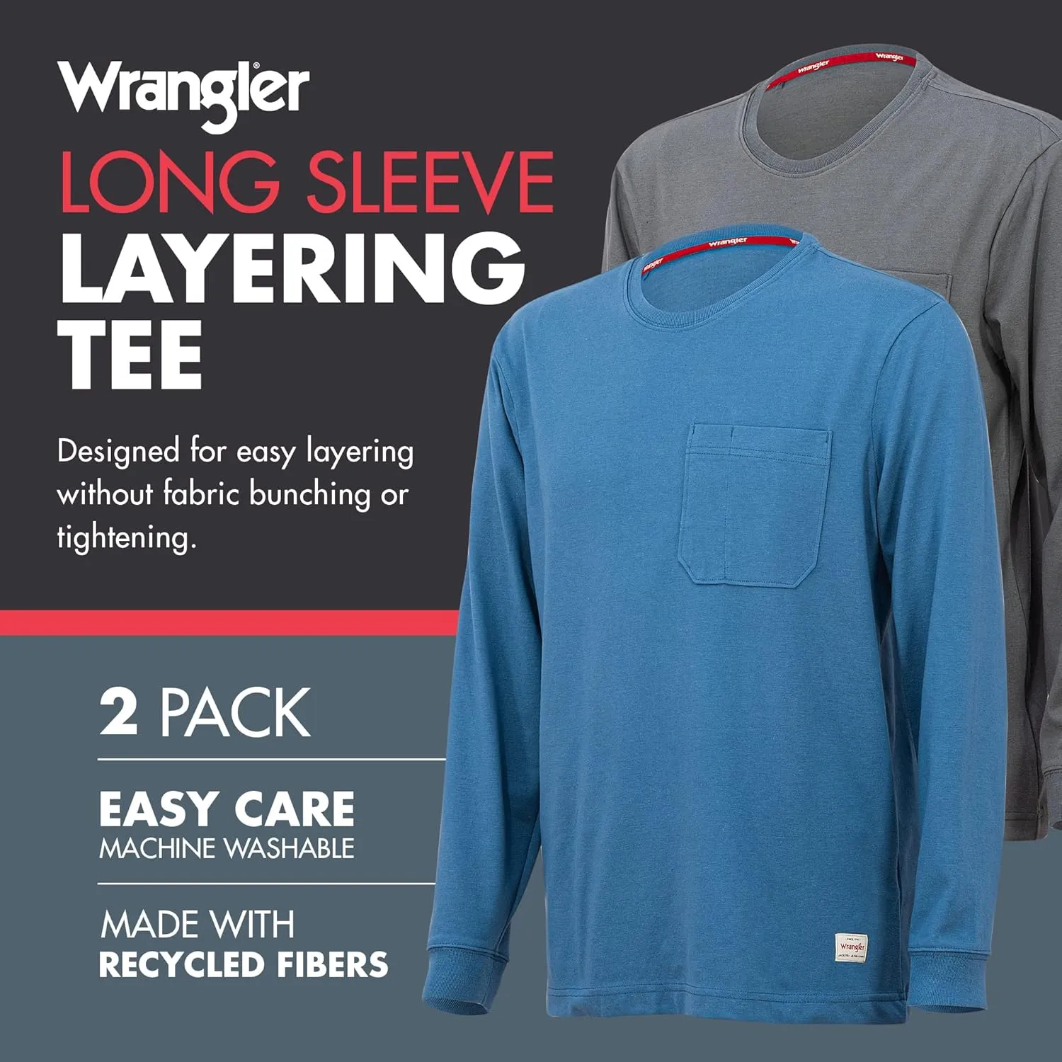 Wrangler Long Sleeve Layering Tee Shirts for Men, Core Mens Layering T-Shirt