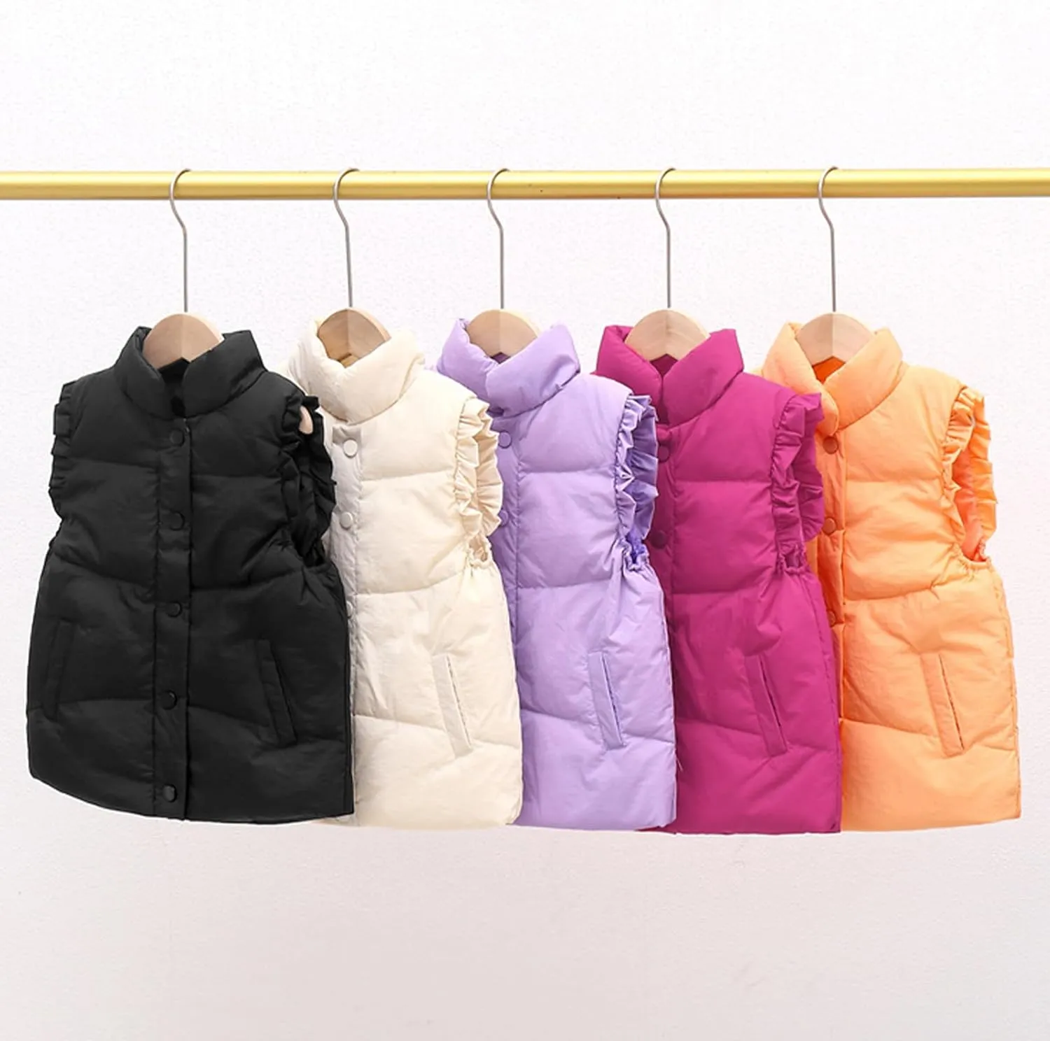 Wyeysyt Toddler Girls Ruffle Puffer Vest Button Sleeveless Padded Gilet Winter Cute Jackets Outwear 4-7 Years