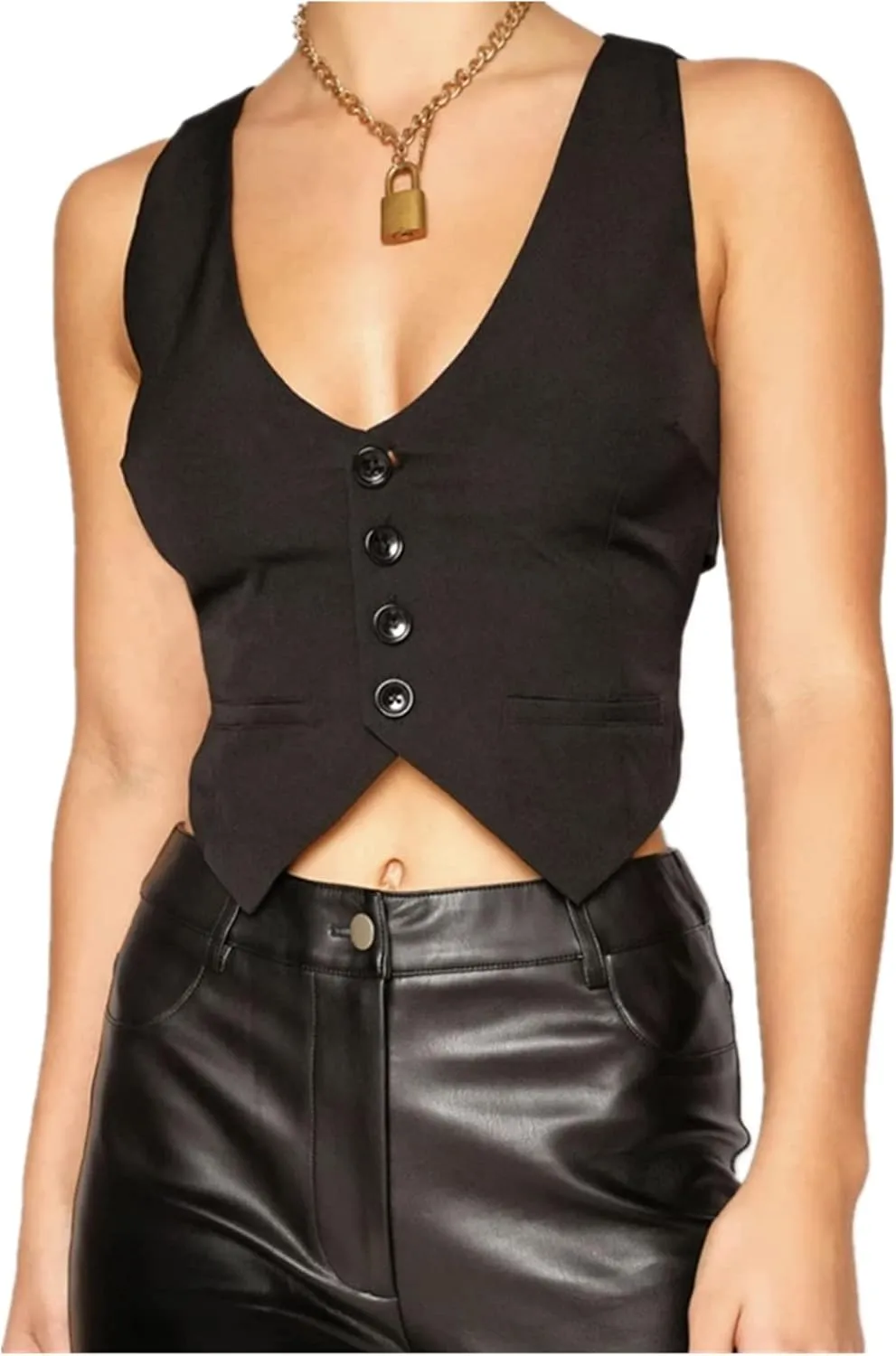 XBTCLXEBCO Women's Dressy Waistcoat Racerback Button Vest Jacket Vintage Steampunk Sleeveless Tuxedo Suit Vest Crop Tank Top