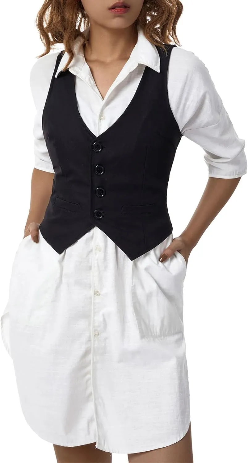 XBTCLXEBCO Women's Dressy Waistcoat Racerback Button Vest Jacket Vintage Steampunk Sleeveless Tuxedo Suit Vest Crop Tank Top