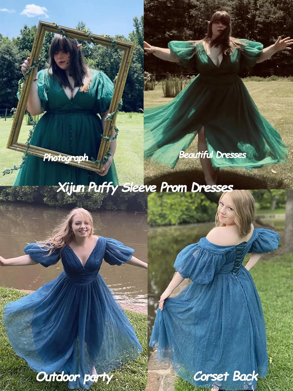 Xijun Puffy Sleeve Prom Dresses for Women Dotted Tulle V Neck Formal Evening Party Gowns Tea Length