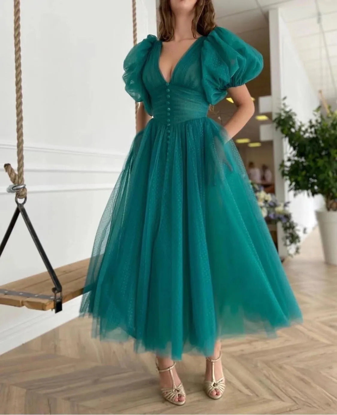 Xijun Puffy Sleeve Prom Dresses for Women Dotted Tulle V Neck Formal Evening Party Gowns Tea Length