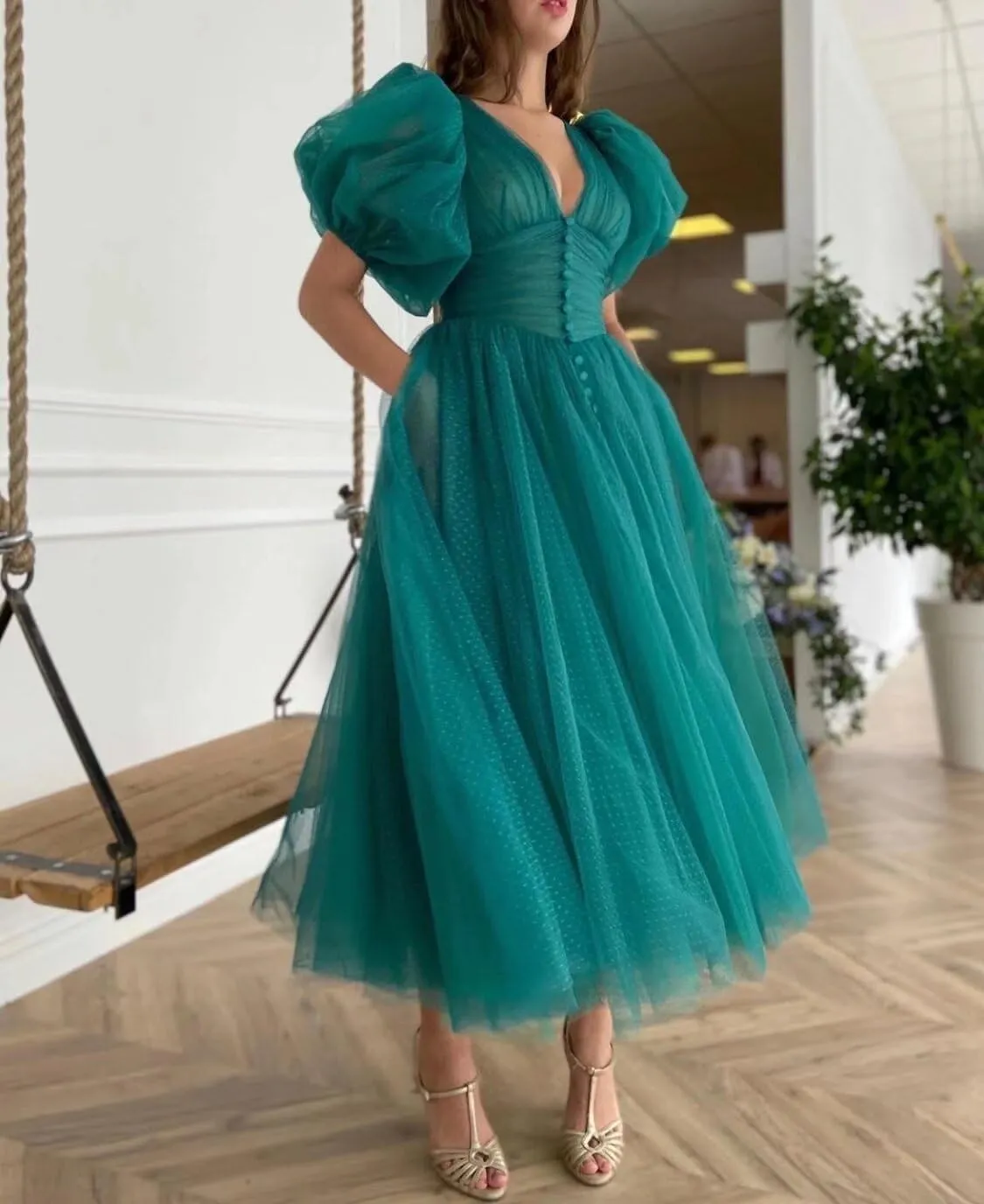 Xijun Puffy Sleeve Prom Dresses for Women Dotted Tulle V Neck Formal Evening Party Gowns Tea Length