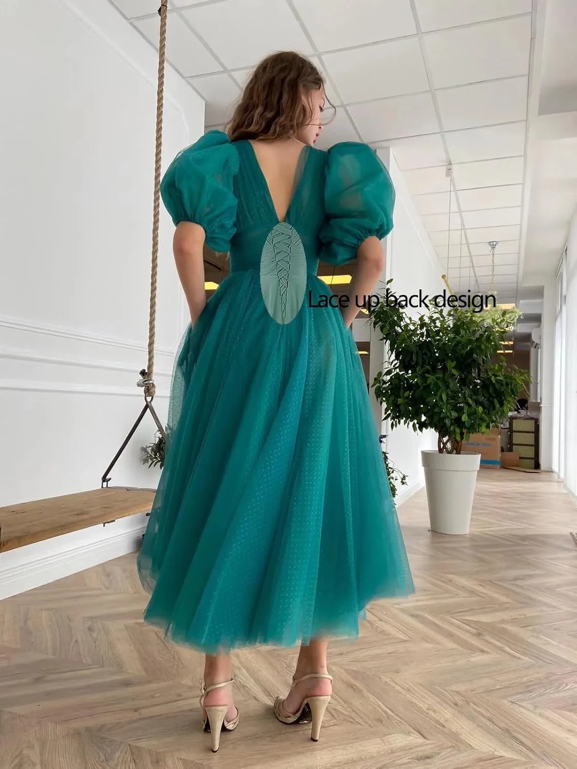 Xijun Puffy Sleeve Prom Dresses for Women Dotted Tulle V Neck Formal Evening Party Gowns Tea Length