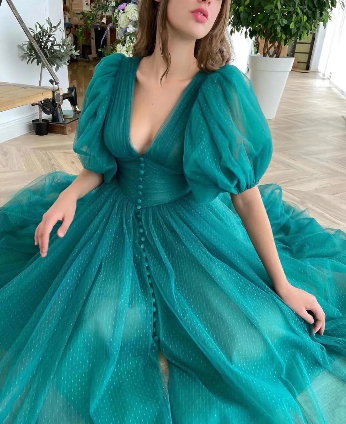 Xijun Puffy Sleeve Prom Dresses for Women Dotted Tulle V Neck Formal Evening Party Gowns Tea Length