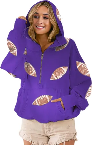 Xunger Women's Football Sequin Hoodie Half Zip Long Sleeve Rugby Patches Game Day Hooded Sweatshirt
