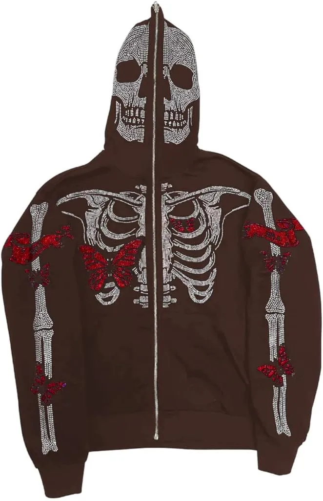 Y2K Hoodie Full Zip Up Hoodie Over Face Women Men Skeleton Skull Print Hooded Aesthetic Sweatshirts