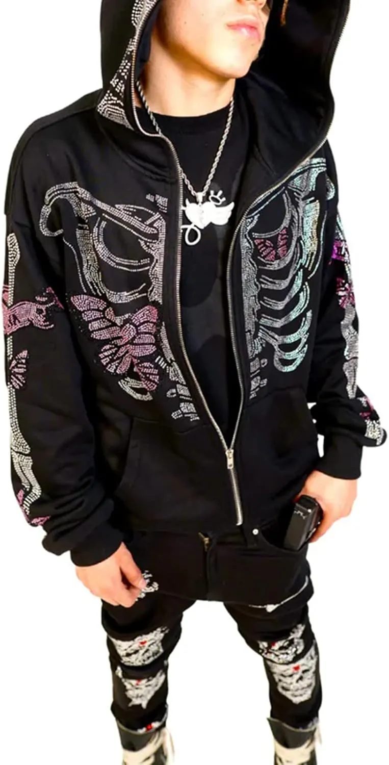 Y2K Hoodie Full Zip Up Hoodie Over Face Women Men Skeleton Skull Print Hooded Aesthetic Sweatshirts