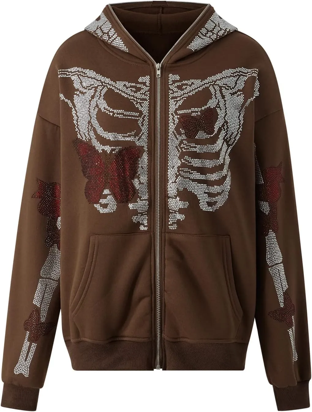 Y2K Hoodie Full Zip Up Hoodie Over Face Women Men Skeleton Skull Print Hooded Aesthetic Sweatshirts